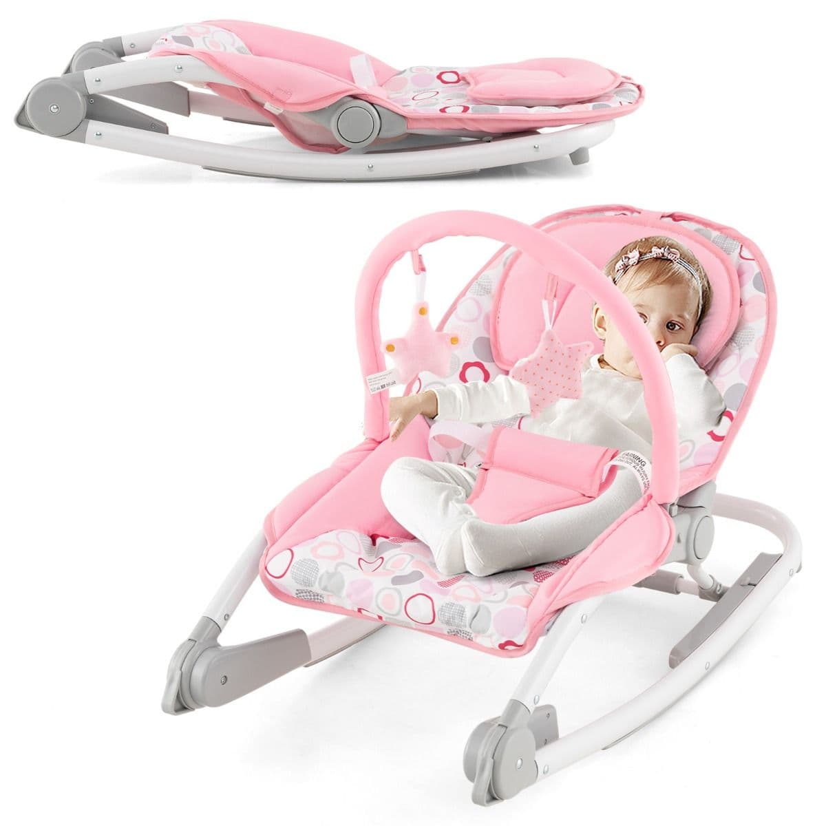 CostwayTransat 2 en 1 pour Bébé Transat Portable avec Dossier Réglable à 3 Niveaux et Siège en Tissu Amovible pour 0-6 Mois Rose