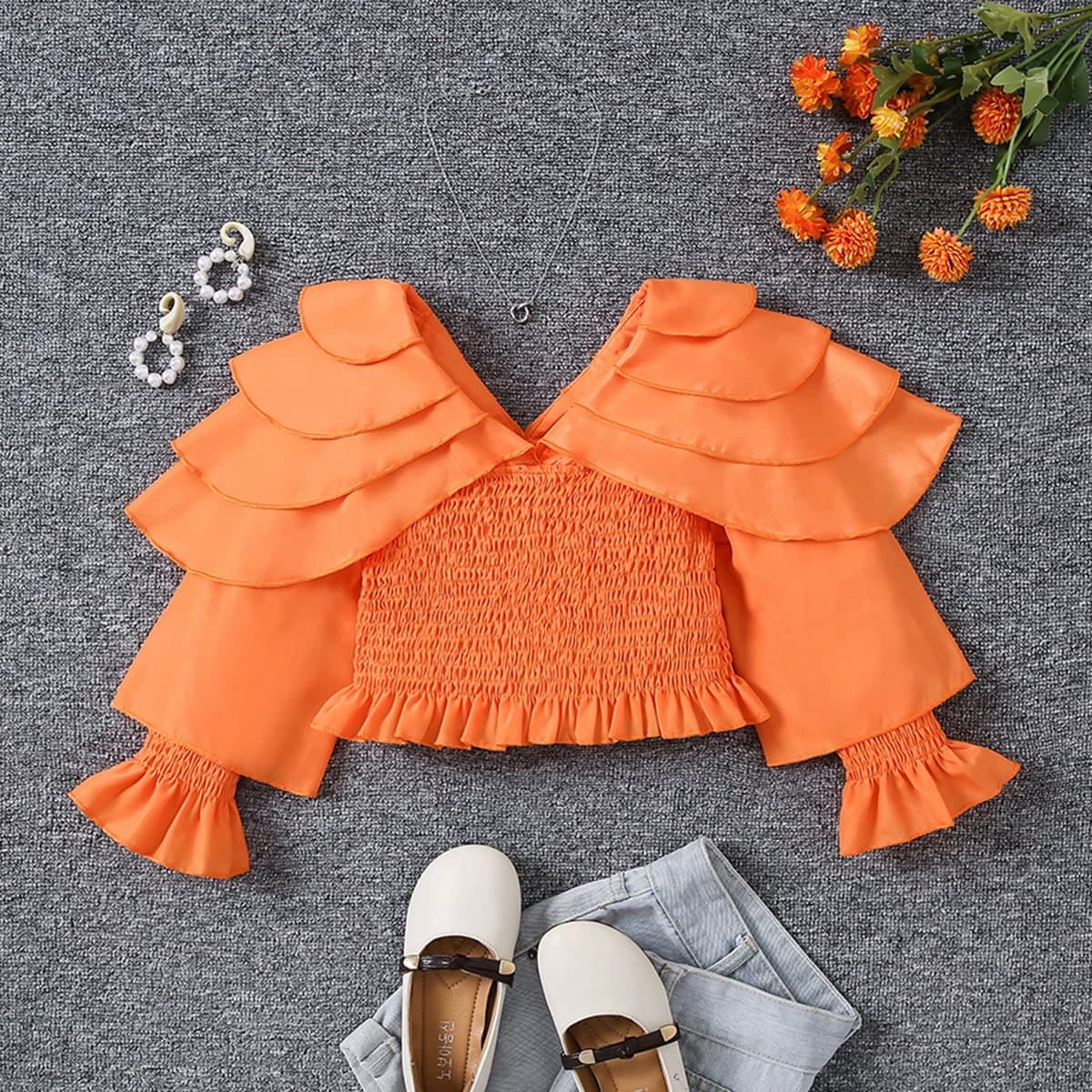 Chemise à manches longues ample et de couleur unie pour jeune fille à la mode