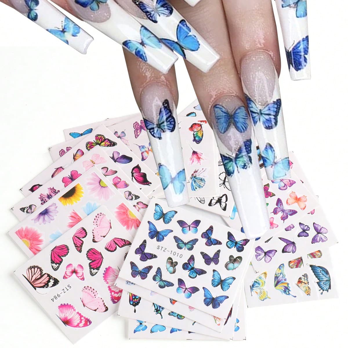 30 Pièces Mignon Autocollants De Papillon Pour Ongles À L'eau De Couleur Bleue Aquarelle Colorée, Décoration De Tatouages Printaniers De