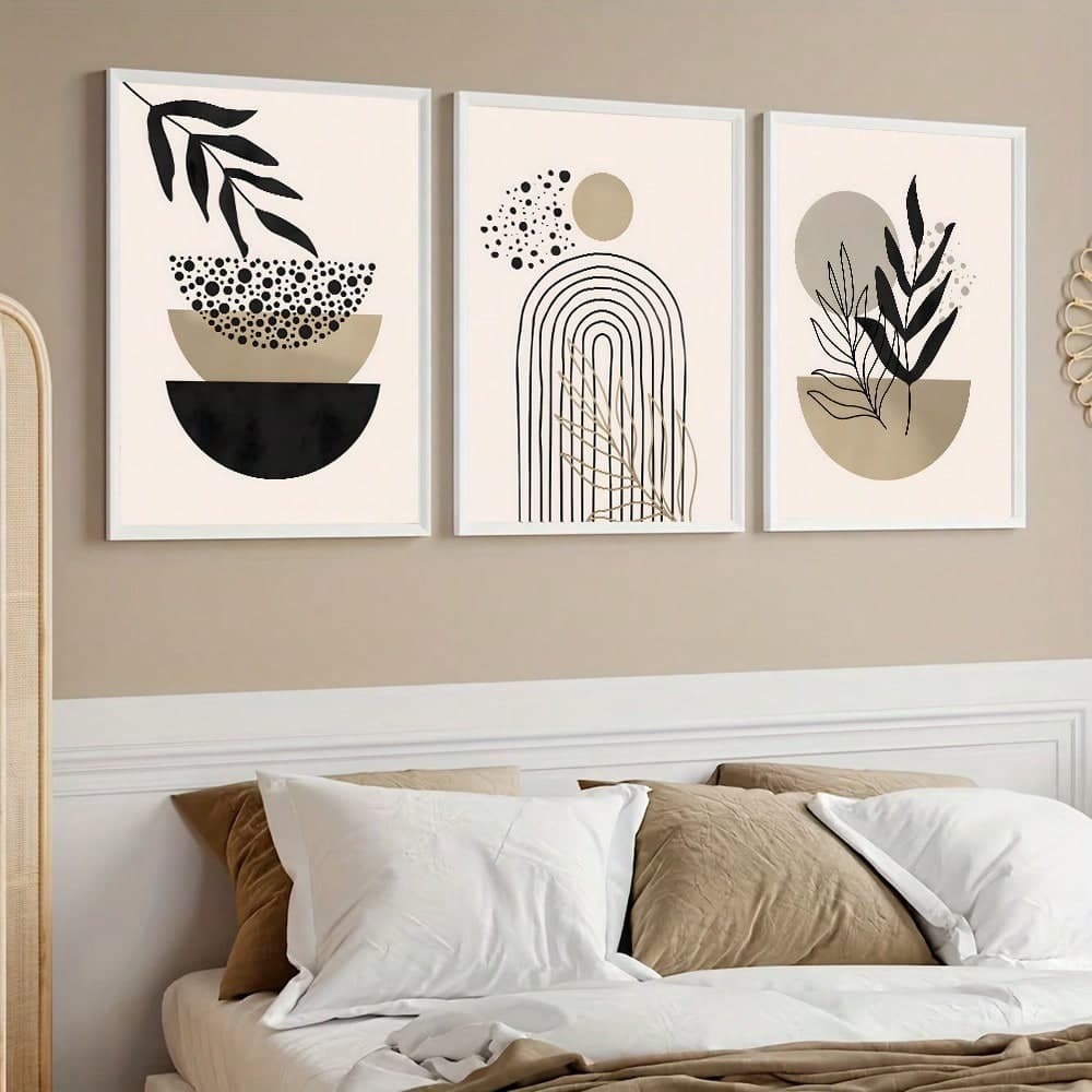 3 Pièces/set Affiche En Toile, Art Moderne, Peinture Abstraite Noire Beige Bohémienne, Art Tendance Botanique Géométrique Boho, Cadeau Idéal