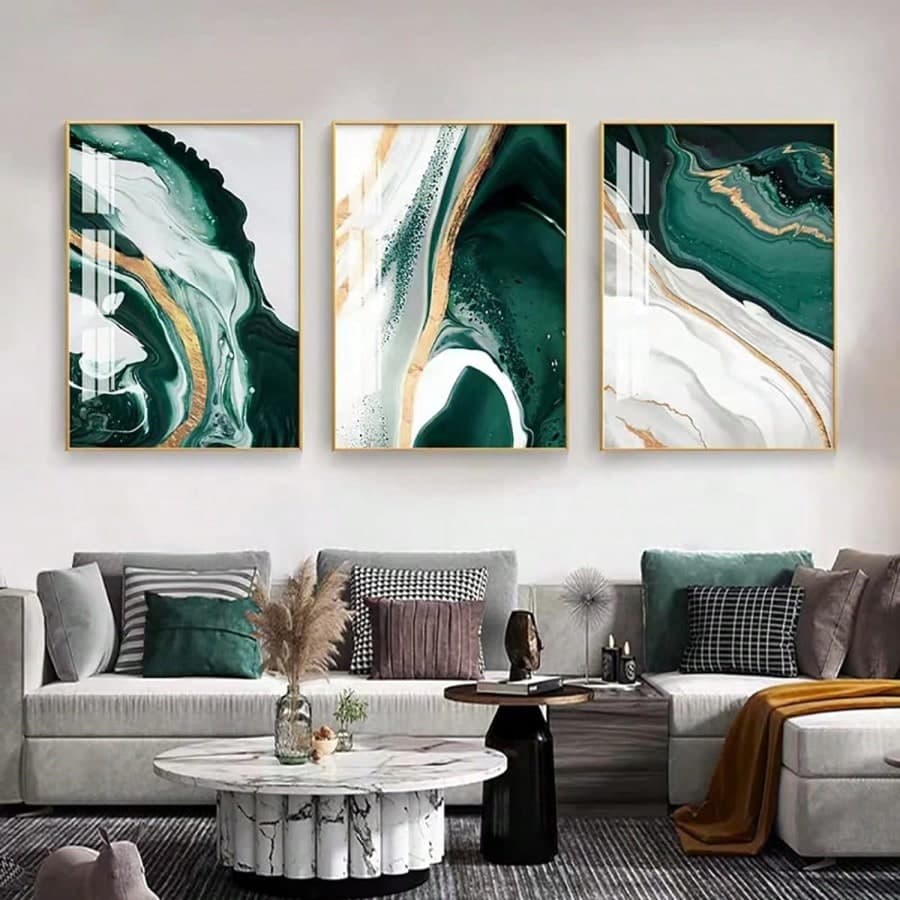 3 pièces Image sur canevas murale sans cadre, moderne et abstraite de lignes dorées en feuille vert foncé de marbre, décoration murale d'art sur