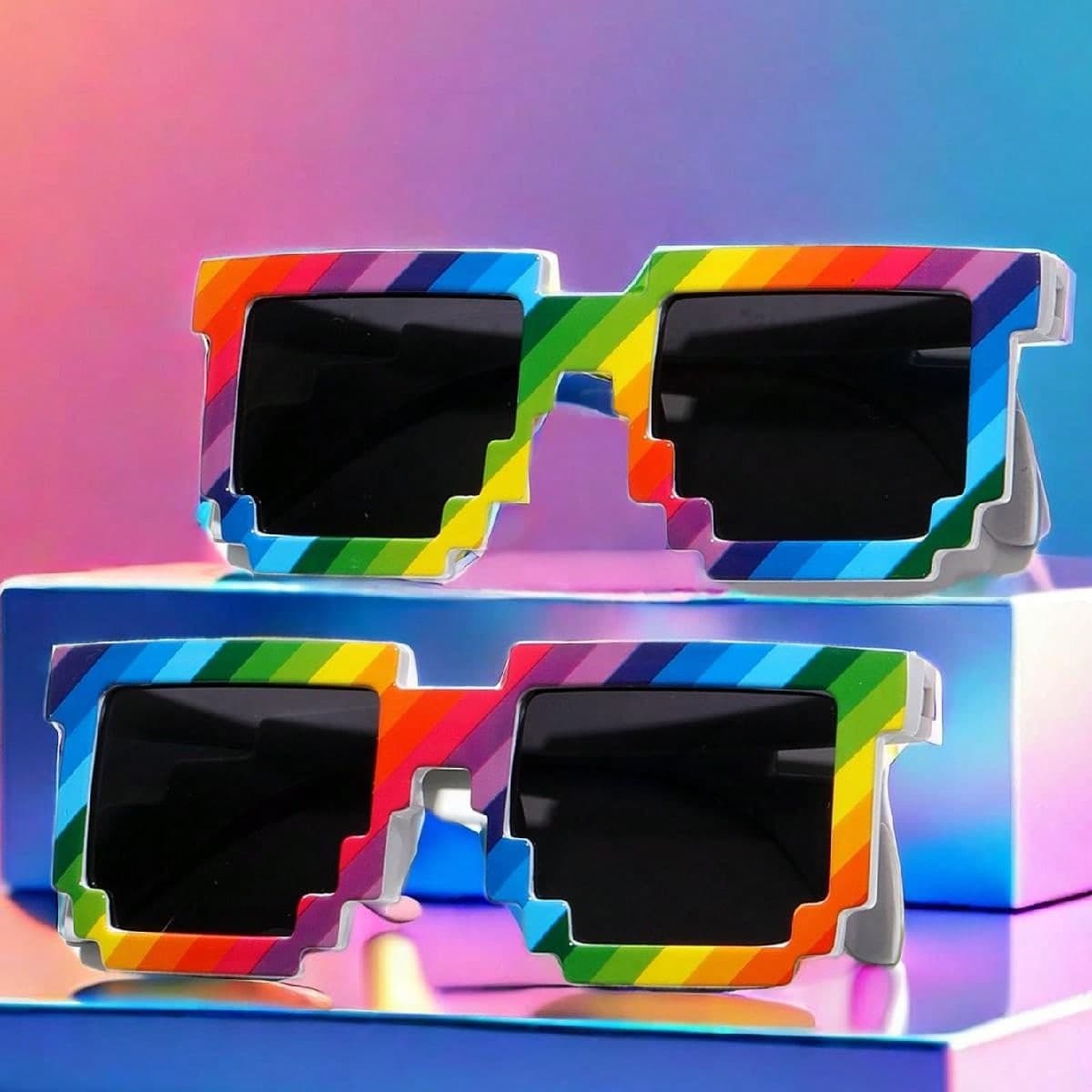 2 pièces Lunettes de fête à rayures arc-en-ciel aléatoires pour parade de fierté, mosaïque pixelisée décoration à la mode pour les yeux