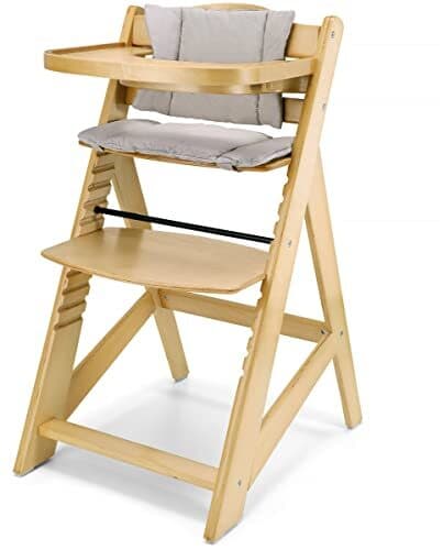 Chaise haute Moby-System bébé évolutive en bois - Réglable 12 niveaux, harnais à 3 points, 2 coussins et plateau -